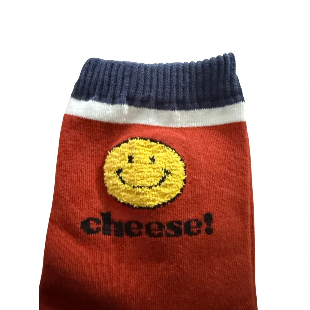 Vivid Color Red Smiley Face Cheese Embroidered Crew Socks Womens 4-7 NEW
